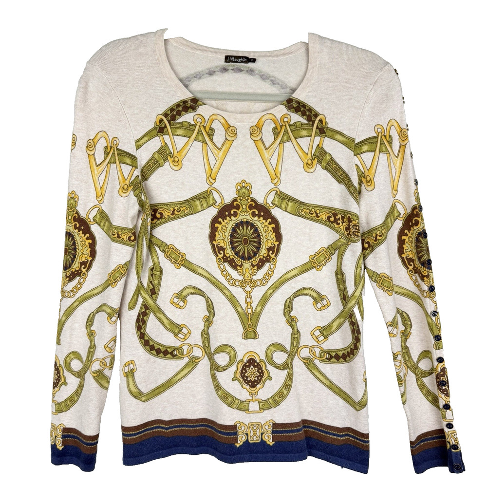 J. McLaughlin Lenny Sweater Women’s S Beige Gold Equestrian Horse Bit Classic